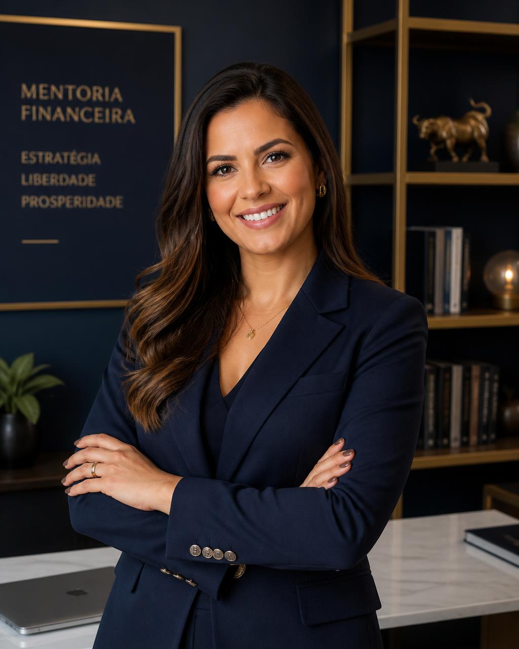 Michely Thomazi, mentora financeira e fundadora da Rota da Riqueza, de blazer azul-marinho em seu escritório